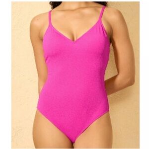 NWT Shade & Shore Women's Pink Micro Crinkle V Neck One Piece Swimsuit Hot Pink